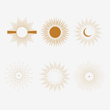 Bohemian sun vector icons set. 
Vector set of linear boho icons and symbols. Sun logo design templates. Abstract design elements for jewelry inminimalist style for social media posts.