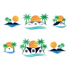 Vector logo template with travel emblems - abstract summer and vacation icon and emblem for vacation rentals, travel services, tropical spas and resorts. Tropical logo emblems set - obrazy, fototapety, plakaty
