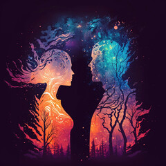 Man and woman silhouettes at abstract cosmic background
