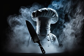 cooking hot food. chef in a chef's hat and a knife steaming on a black background. ai generative