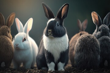 Obraz premium black hare with white breast next to other hares. ai generative