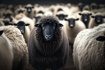 Naklejka premium a black sheep stands surrounded by white ones, the concept of being different from everyone else ai generative