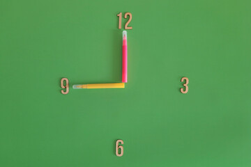 9 o'clock, morning. Watch face with the concept of lesson schedule, daily routine at school,...
