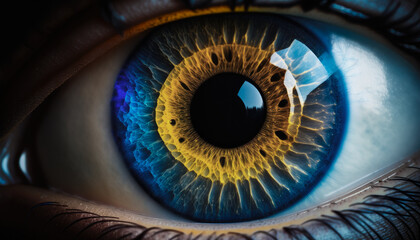Blue and yellow eye close up with dramatic light, made with Generative AI