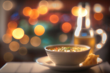 soup and side dishes dining room bokeh, generative artificial intelligence 