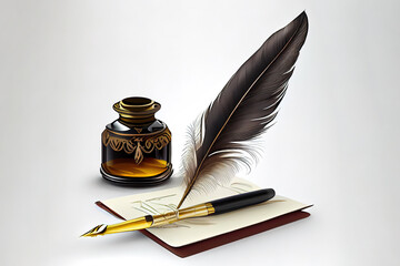Feather pen into the inkwell. isolated on a white background. Generative Ai