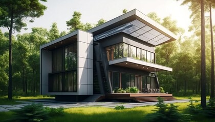 Modern House with Solar Panels and Natural Surroundings. Generative AI.