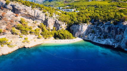 Fototapeta na wymiar A stunning drone photo panorama of a sunny day on a beach in Croatia perfect for a vacation