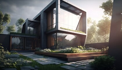 Fototapeta premium Modern House with Solar Panels and Natural Surroundings. Generative AI.