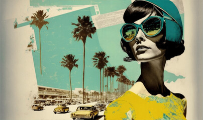 60s retro style fashion woman wearing clothing. Travel collage with retro cars. Generative AI - obrazy, fototapety, plakaty