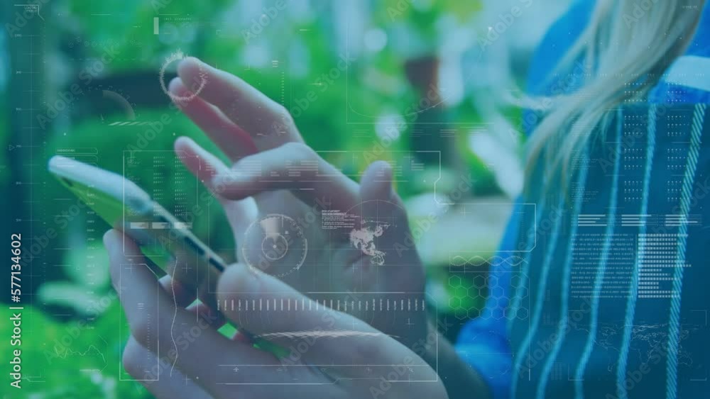 Poster animation of data processing over caucasian woman using smartphone