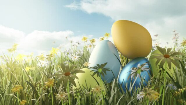 Spring time meadow with flowers and decorated Easter eggs.