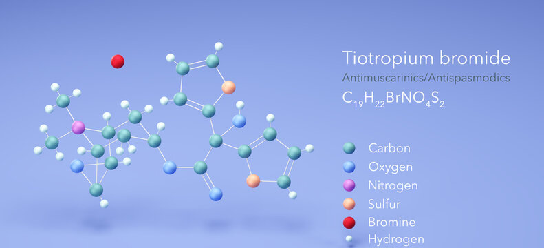 tiotropium bromide molecule, molecular structures, Antimuscarinics Antispasmodics, 3d model, Structural Chemical Formula and Atoms with Color Coding