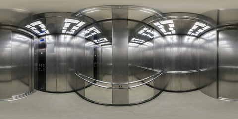360 hdri panorama inside interior of metal service elevator lift room with mirror in...