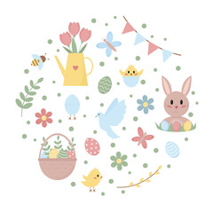 Circle set of Easter elements in flat style. Cute animals and traditional symbols. Vector illustration.