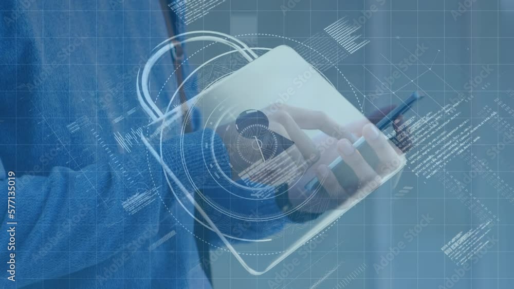 Poster animation of padlock icon data processing over caucasian man using smartphone