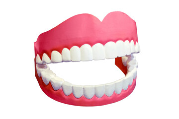 Mockup of a large false jaw of a person in a playroom, isolated on a white background