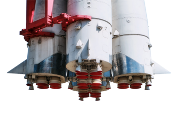 Vostok rocket engine nozzle at VDNKh, isolated on a white background