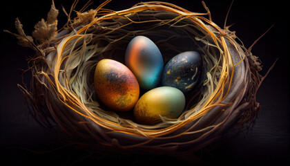 Colourful eggs in a nest made with generative AI technology