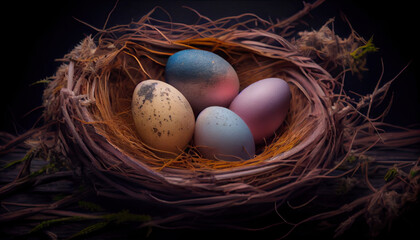Naklejka na ściany i meble Colourful eggs in a nest made with generative AI technology