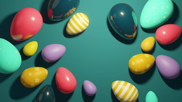 A large group of colourful chocolate easter eggs on a blue background. 3D illustration