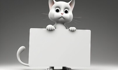  a white cat holding a white sign on a gray background with a shadow of a cat on it's back and a black nose.  generative ai
