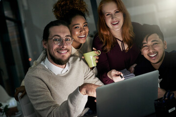 Portrait, laughing and group of business people in office at night working late on project. Laptop,...