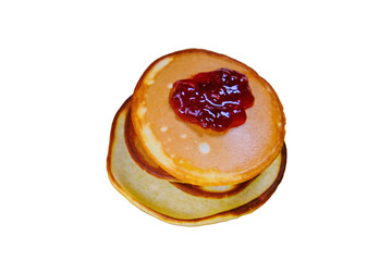 Pancakes with jam, isolated on a white background. A hill of fresh pancakes