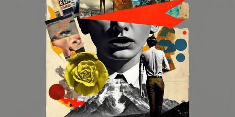 Various colored objects on the face black and white portrait and clippings from vintage magazines on background. AI Generated Modern design of colorful and conceptual bright art collage