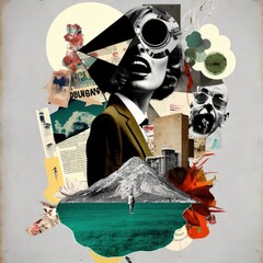 Various colored objects on the face black and white portrait and clippings from vintage magazines on background. AI Generated Modern design of colorful and conceptual bright art collage