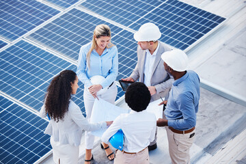 Solar and renewable energy, blueprint or engineering team on roof building electricity technology...