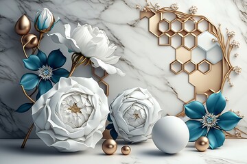 3d wallpaper white jewelry flowers with blue diamond on white marble background Generative AI