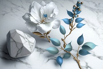 3d wallpaper white jewelry flowers with blue diamond on white marble background Generative AI
