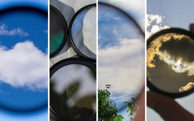 Collage of polarizing and ND filters for the camera. Square format