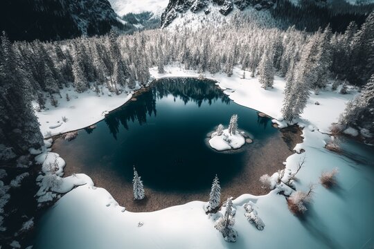Drone view of winter landscape with pine forest covered with snow and mountain lake. Snowy fir tree in beauty nature scenery from above Generative AI
