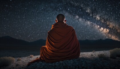 Buddhist monk meditating under star night sky