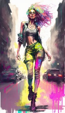Abstract neon watercolor dream girl with long legs, wide hips, cute lips, AI generated
