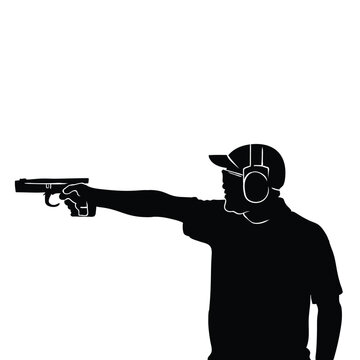 recommend clip art: Trap shooting, aiming athlete with gun, isolated vector silhouette. Ink drawing