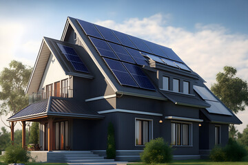 Newly constructed homes with solar panels on the roof under a bright sky generative ai