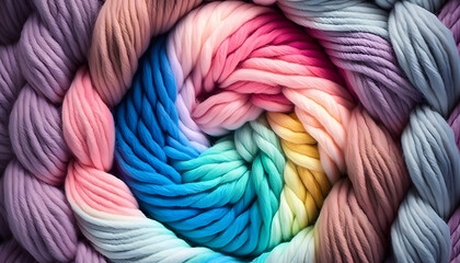 Cozy, Majestic, Brilliant, Colorful Yarn for Knitting, Twisted Threads. AI Generative
