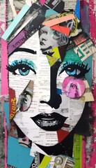 Modern collage art of female face with colored stripes and other elements, pop culture, AI generated