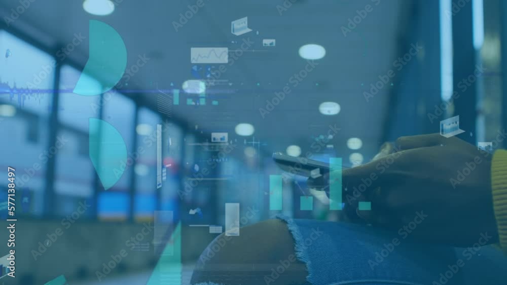 Poster animation of data processing over biracial woman using smartphone