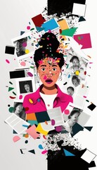 Modern collage art of female face with colored stripes and other elements, pop culture, AI generated