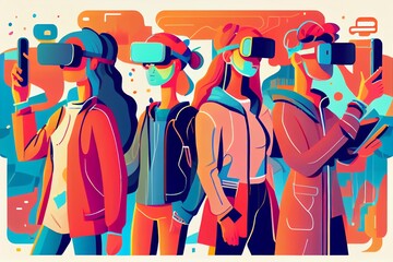 Young People Stand With Gadgets In Cyberspace. Virtual Reality And Metaverse Concept. Colorful Drawing In Flat Style. Generative AI