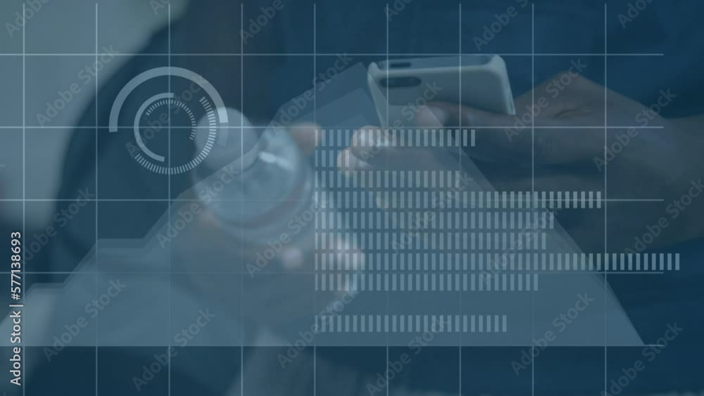 Poster animation of data processing over african american man using smartphone