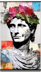 modern collage of antique statue with news paper style parts, and colored paint strokes and leaves, AI generated