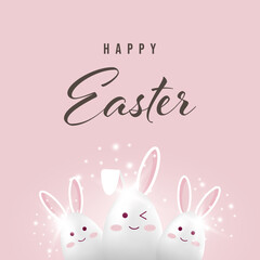 Happy easter greeting card with cute egg bunny design, 3d vector illustration