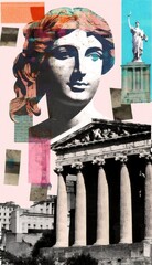 modern collage of antique statue with news paper style parts, and colored paint strokes, AI generated