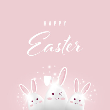 Happy easter greeting card with cute egg bunny design, 3d vector illustration