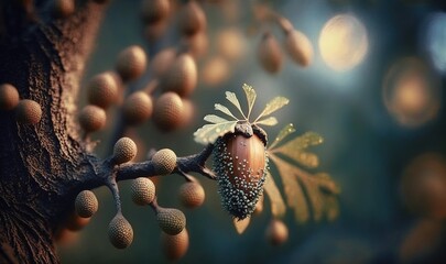  a close up of a tree branch with a bunch of nuts hanging from it's branches and a blurry background of the branches.  generative ai